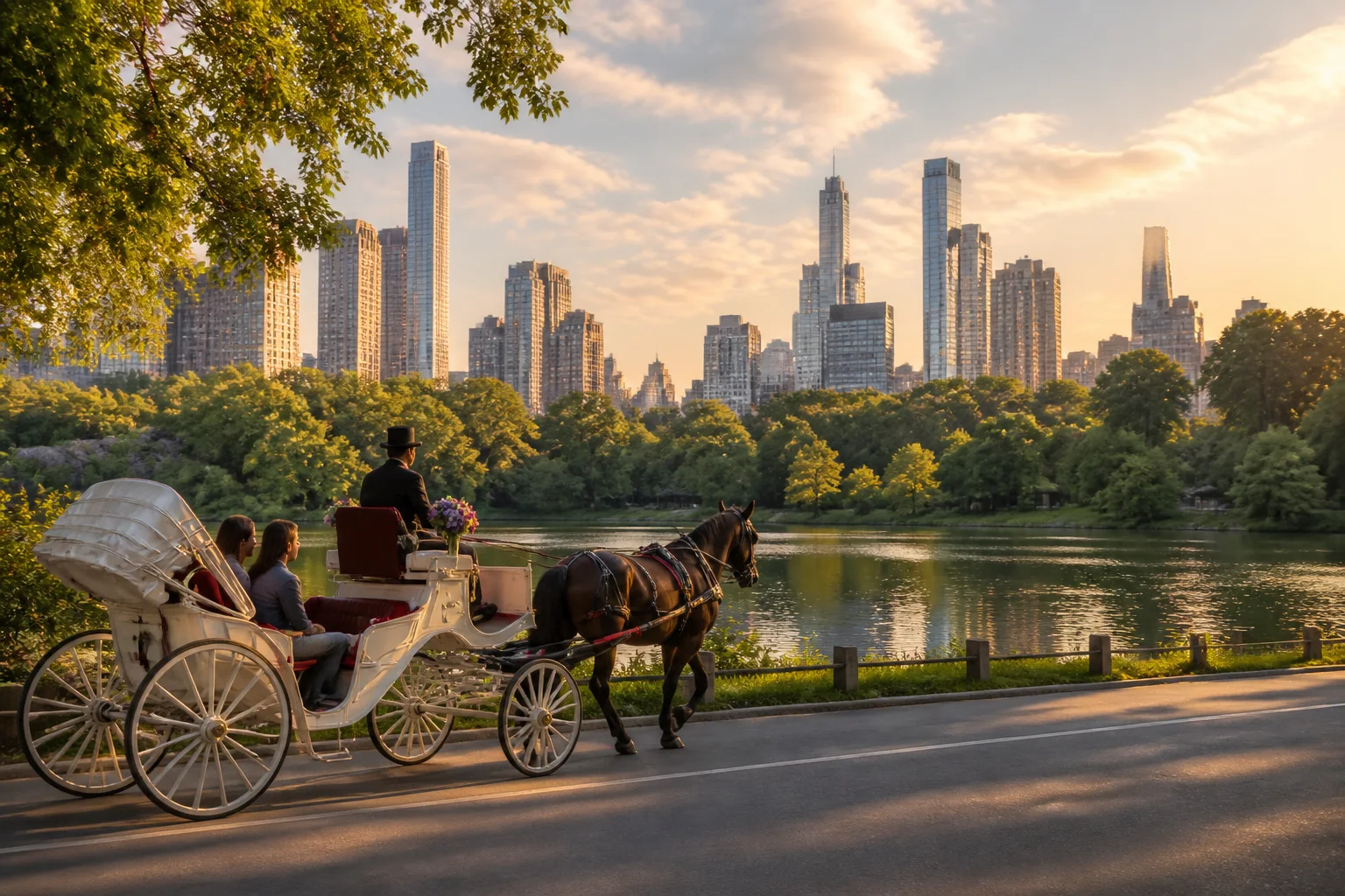 Horse-drawn carriage beside Central Park and the Manhattan skyline